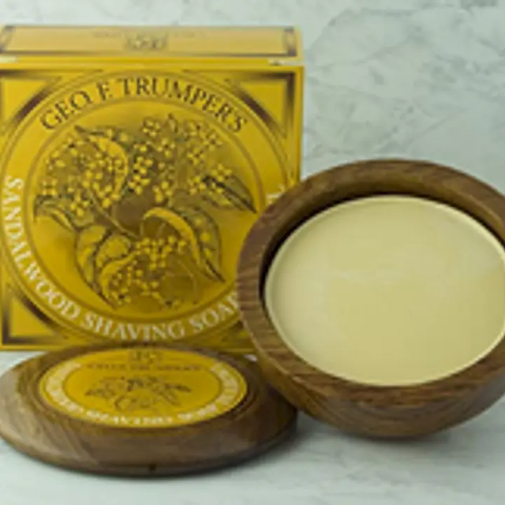 Geo F Trumper sandalwood shaving soap in wooden bowl 80g