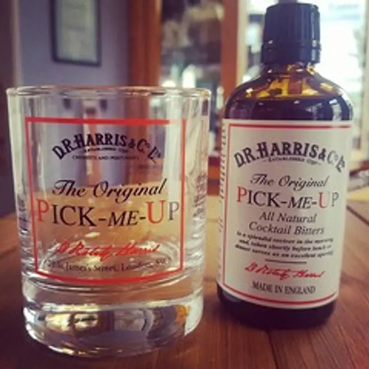 D.R Harris Pick-Me-Up Bitters and Glass